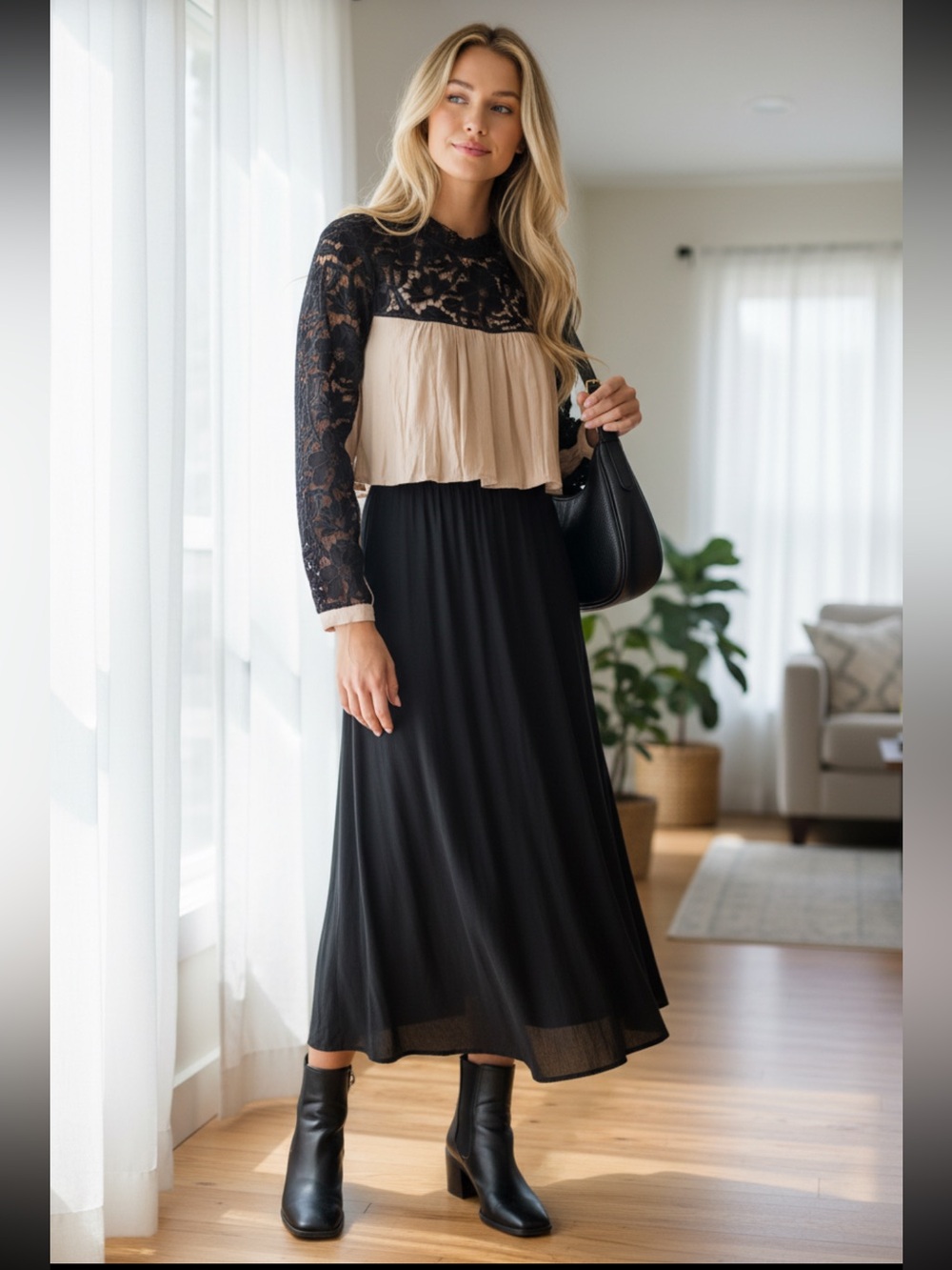 Free People Black Lace Crop Top with Cream Bodice